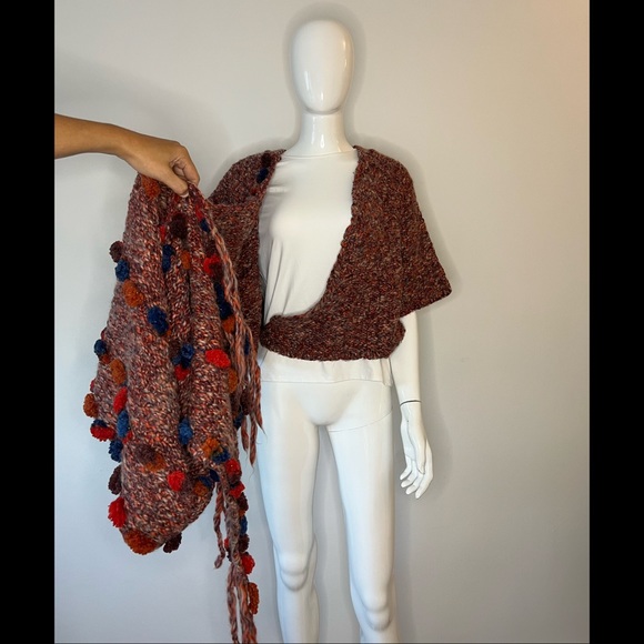 ANTHROPOLOGIE Hand Knit by DOLLIE Pom Pom Wrap Sweater - Picture 9 of 11